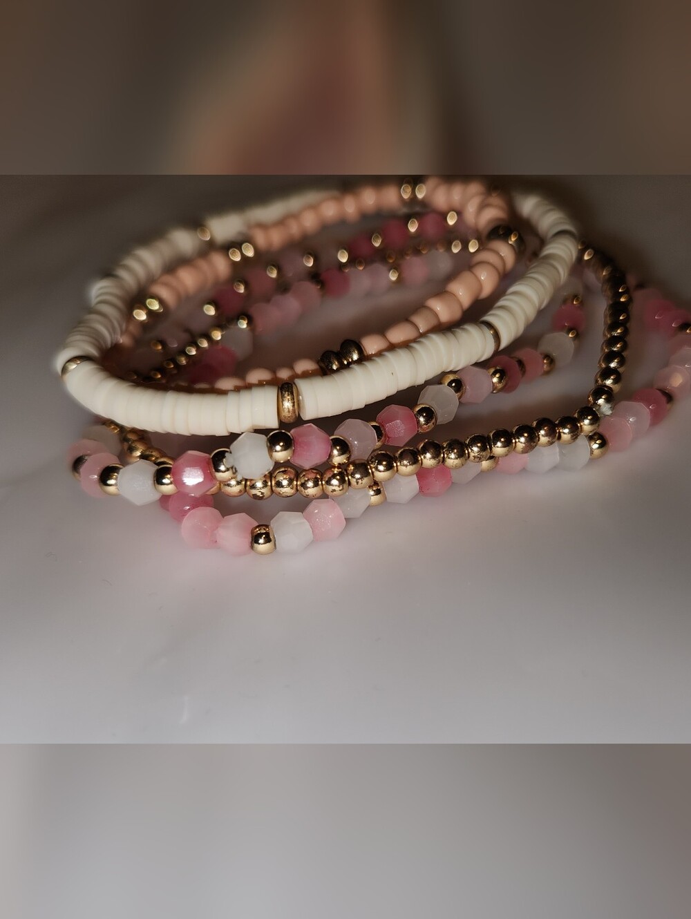 5 Layered Stack Pink, Gold, Peach, & Beige, White Beaded Stretch Bracelet Set